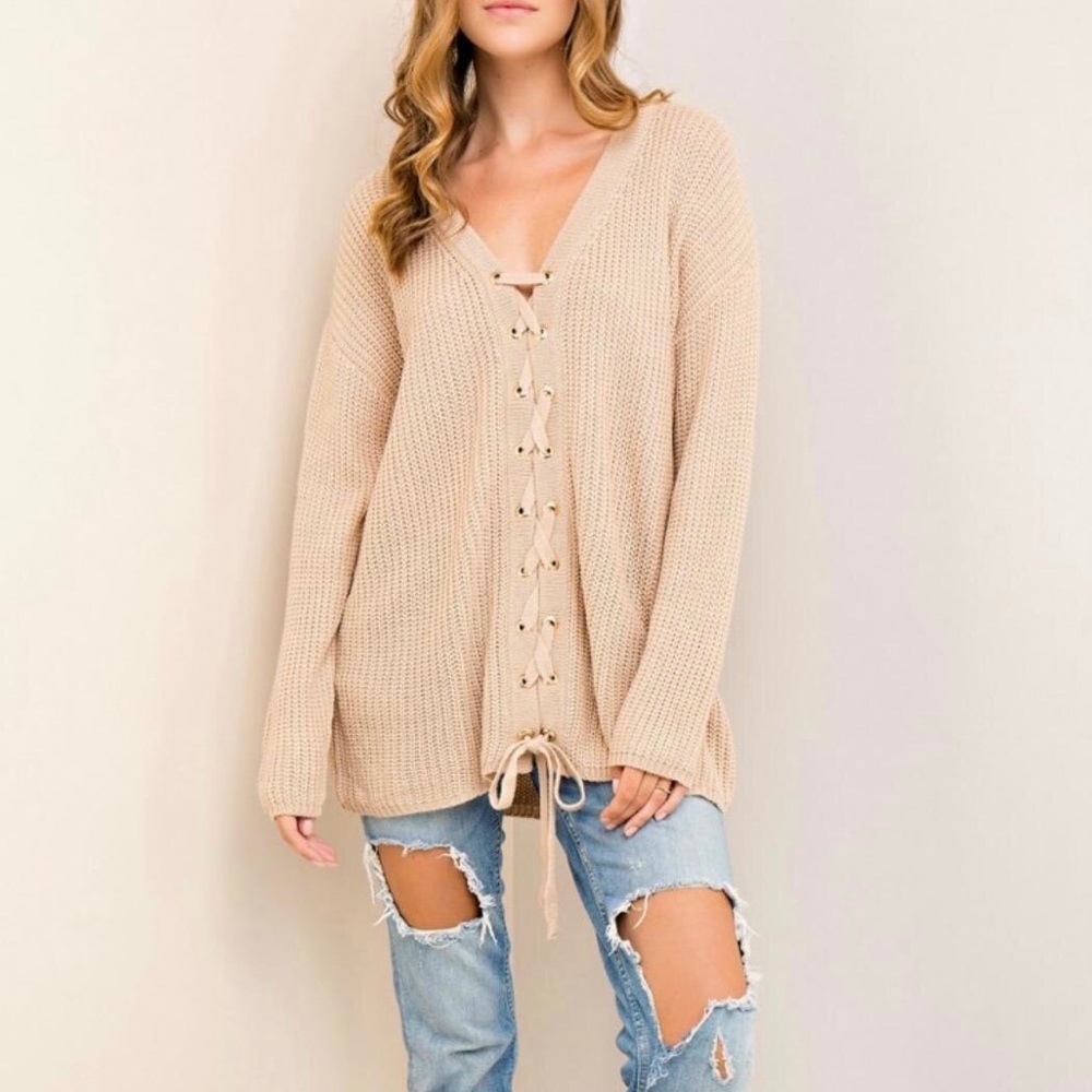 Entro Lace Front Tan Knit Sweater Medium
